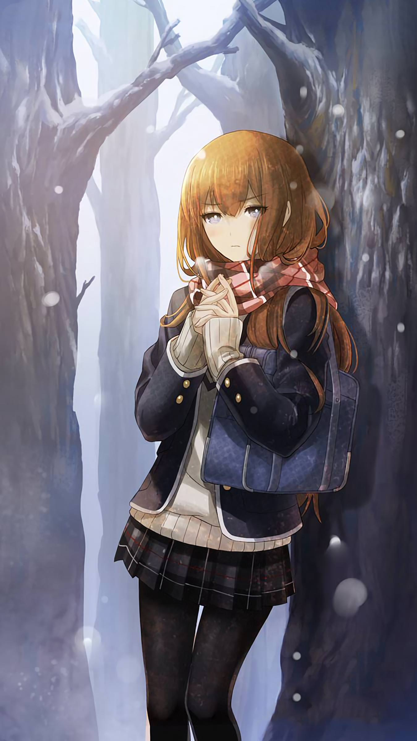 absurdres alternate_costume bag bare_tree black_legwear blue_eyes blush bookbag brown_hair coat cowboy_shot hands_clasped highres huke long_hair long_sleeves looking_at_viewer makise_kurisu miniskirt official_art own_hands_together pantyhose pleated_skirt ribbed_sweater scarf skirt snow solo standing steins;gate straight_hair sweater tree