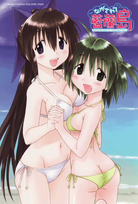 ahoge artist_name ass asymmetrical_docking bare_arms bare_shoulders bikini blue_eyes blue_ribbon blue_sky blush breast_press breasts brown_hair cleavage cloud collarbone company_name copyright_name cropped_legs day eyebrows_visible_through_hair fang fujishiro_takeshi green_bikini green_eyes green_hair groin hair_ribbon holding_hands interlocked_fingers logo long_hair looking_at_viewer medium_breasts multiple_girls nagasarete_airantou navel official_art open_mouth outdoors ribbon scan short_hair short_twintails side-tie_bikini sideboob sky small_breasts suzu_(nagasarete_airantou) swimsuit twintails upper_teeth white_bikini yukino_(nagasarete_airantou)