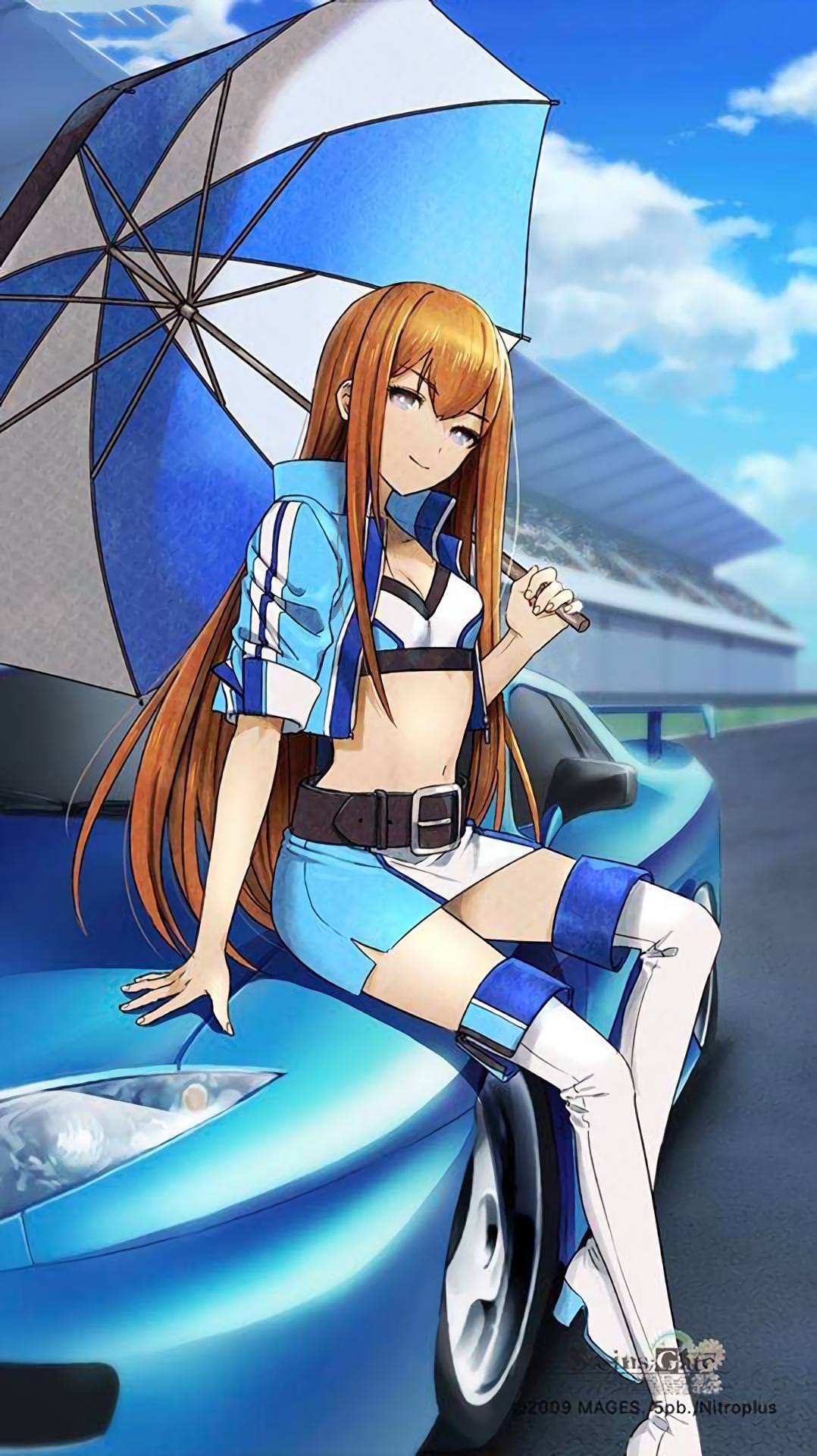alternate_costume belt bleachers boots breasts brown_hair car cleavage cloud cloudy_sky copyright_name day ground_vehicle highres huke jacket long_hair looking_at_viewer makise_kurisu medium_breasts midriff miniskirt motor_vehicle navel official_art on_vehicle race_queen race_track silver_eyes sitting skirt sky smile solo steins;gate straight_hair thigh_boots thighhighs umbrella watermark white_footwear white_legwear zettai_ryouiki