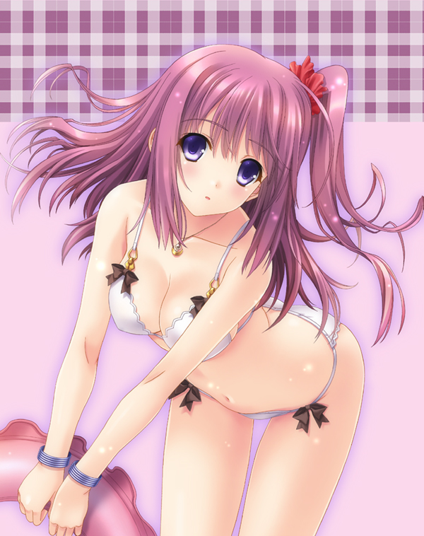 bent_over bikini black_bow blue_eyes blush bow breasts brown_hair cleavage collarbone covered_nipples eyebrows_visible_through_hair floating_hair hair_between_eyes hair_ornament high_ponytail holding innertube jewelry kimizuka_aoi long_hair looking_at_viewer medium_breasts navel necklace original parted_lips shiny shiny_hair side_ponytail solo standing swimsuit very_long_hair white_bikini wristband