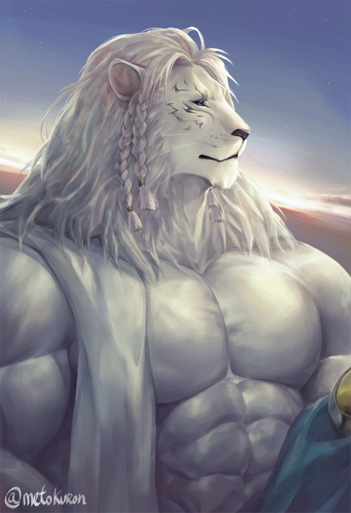 2018 abs anthro biceps digital_media_(artwork) feline fur hair kuron lion long_hair male mammal muscular muscular_male pecs white_fur
