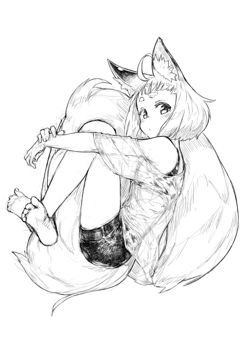 ahoge animal_ear_fluff animal_ears bangs bare_shoulders barefoot bike_shorts crossed_ankles fingernails fox_ears fox_girl fox_girl_(jaco) fox_tail from_side full_body greyscale jaco large_tail leg_hug looking_at_viewer looking_to_the_side monochrome off-shoulder_shirt original see-through shirt short_hair short_shorts shorts simple_background sketch solo tail tail_hug thick_eyebrows white_background
