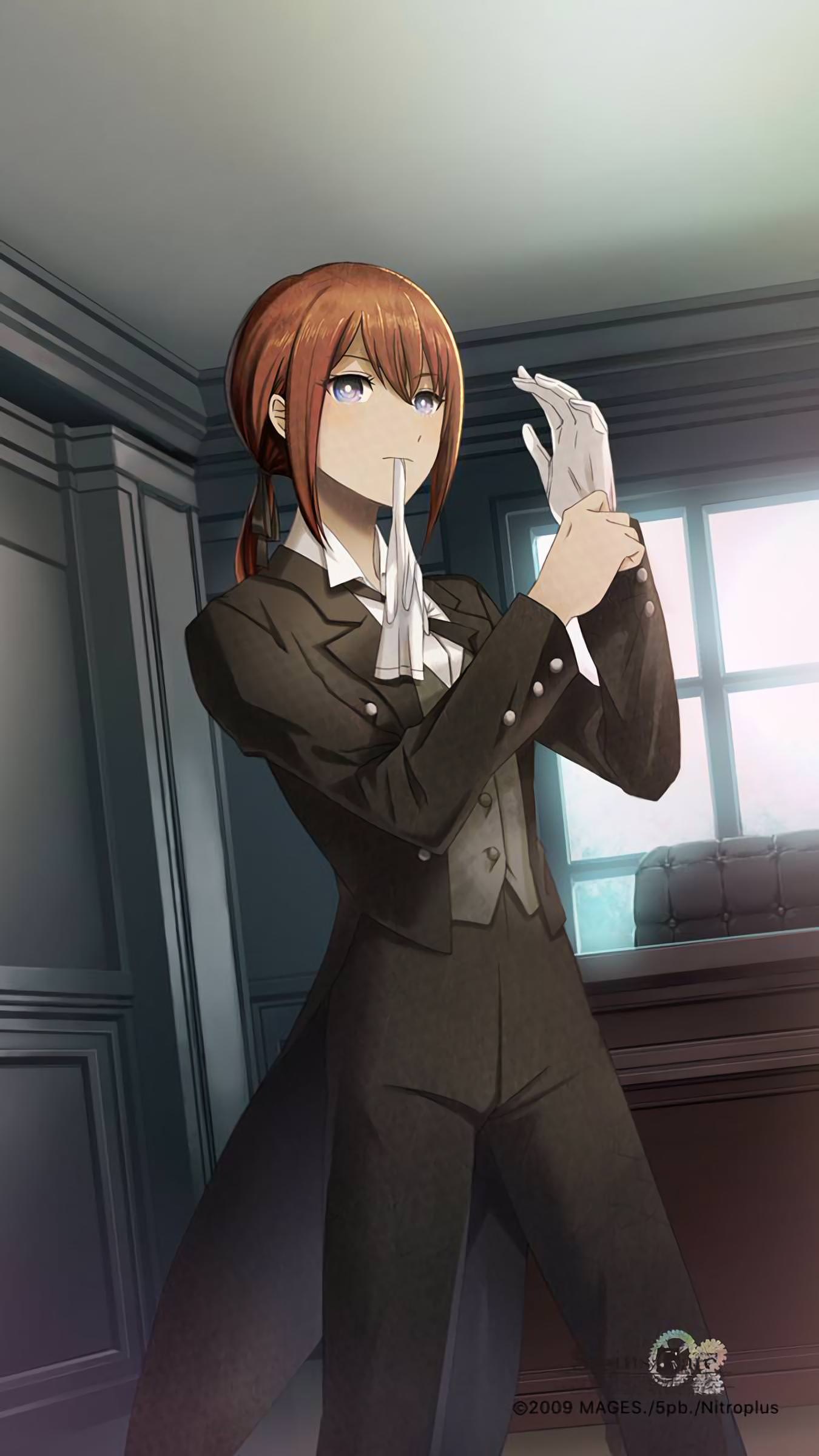 absurdres alternate_hairstyle blue_eyes brown_hair butler chair collared_shirt copyright_name cowboy_shot desk female_butler glove_in_mouth gloves highres huke long_sleeves looking_at_viewer makise_kurisu mouth_hold neck_ribbon official_art pants ponytail ribbon shirt short_hair solo standing steins;gate tuxedo watermark white_gloves window