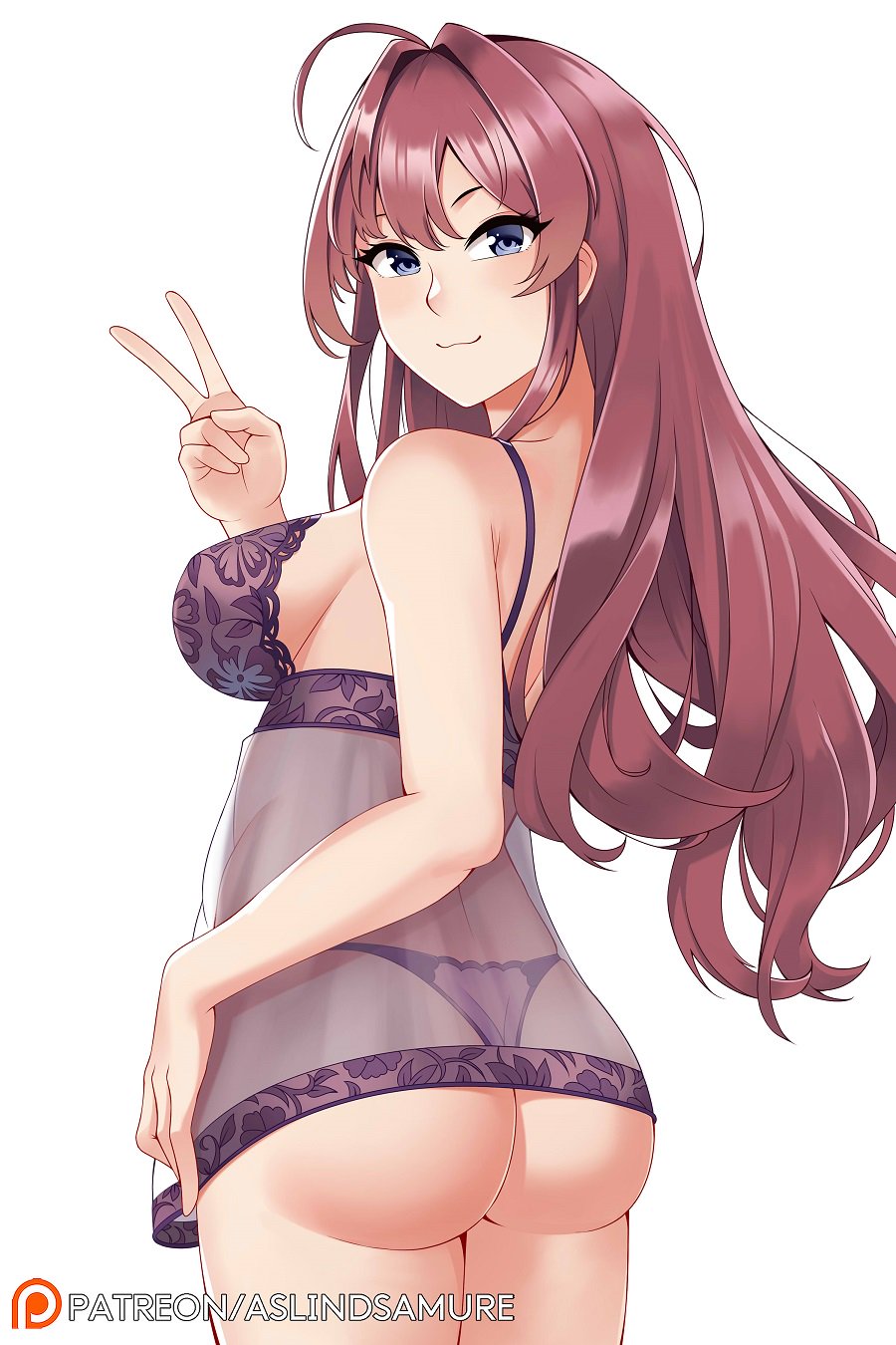 ahoge aslindsamure ass bangs blue_eyes blush breasts brown_hair camisole closed_mouth commentary hair_between_eyes hand_up highres ichinose_shiki idolmaster idolmaster_cinderella_girls large_breasts lingerie long_hair looking_at_viewer panties patreon_username purple_camisole purple_panties see-through simple_background smile solo translucent underwear underwear_only v wavy_hair white_background