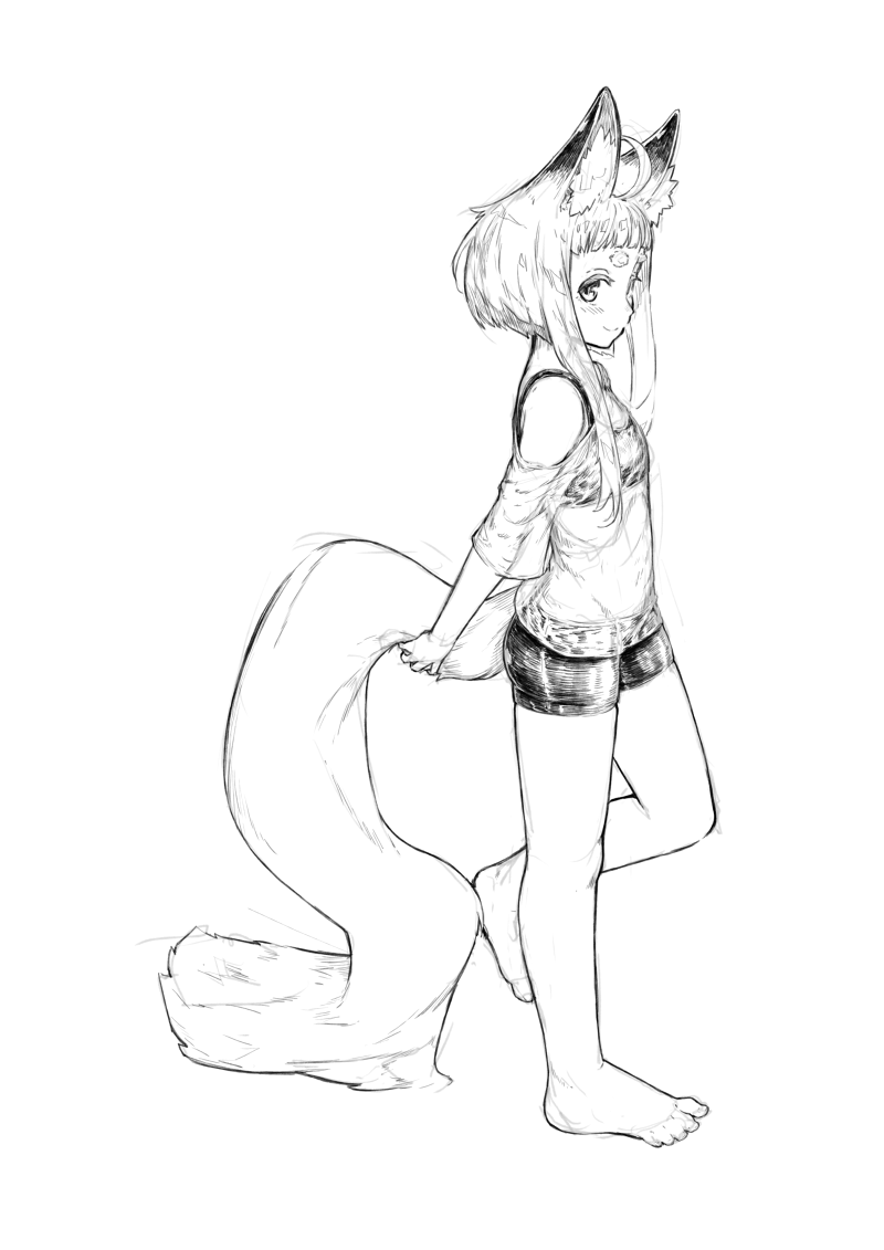 ahoge animal_ear_fluff animal_ears bangs barefoot bike_shorts blush closed_mouth fox_ears fox_girl fox_girl_(jaco) fox_tail from_side full_body greyscale holding_tail jaco leg_up long_hair looking_at_viewer looking_to_the_side monochrome off-shoulder_shirt original see-through shirt short_hair_with_long_locks short_shorts shorts sidelocks simple_background smile solo standing standing_on_one_leg tail thick_eyebrows white_background