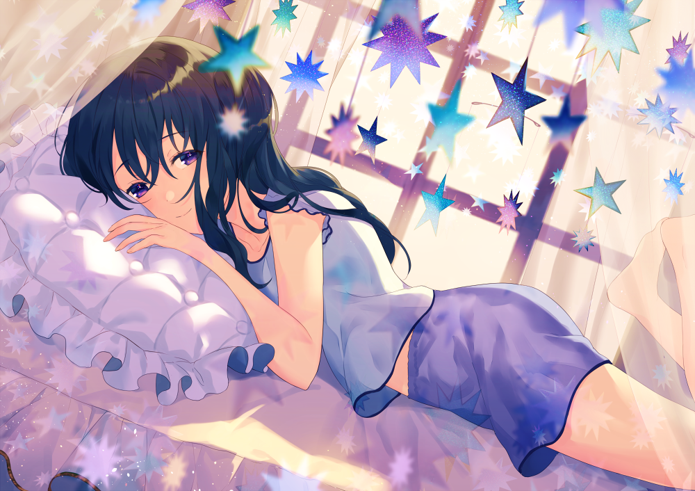 achiki bangs barefoot bed black_hair blush closed_mouth commentary_request curtains day dutch_angle eyebrows_visible_through_hair fingernails formal frilled_pillow frills hair_between_eyes legs_up long_hair lying on_bed on_stomach original pillow purple_eyes purple_skirt short_sleeves skirt smile solo star suit sunlight transparent white_suit window