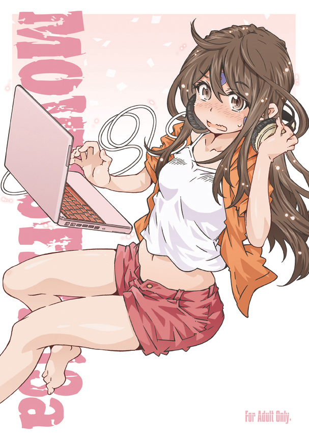 aa_megami-sama bare_legs barefoot blush brown_eyes brown_hair camisole casual commentary_request computer contemporary hand_on_headphones headphones headphones_around_neck laptop long_hair midriff navel open_pants short_shorts shorts sidelocks skuld solo sweatdrop toumi_haruka wavy_mouth