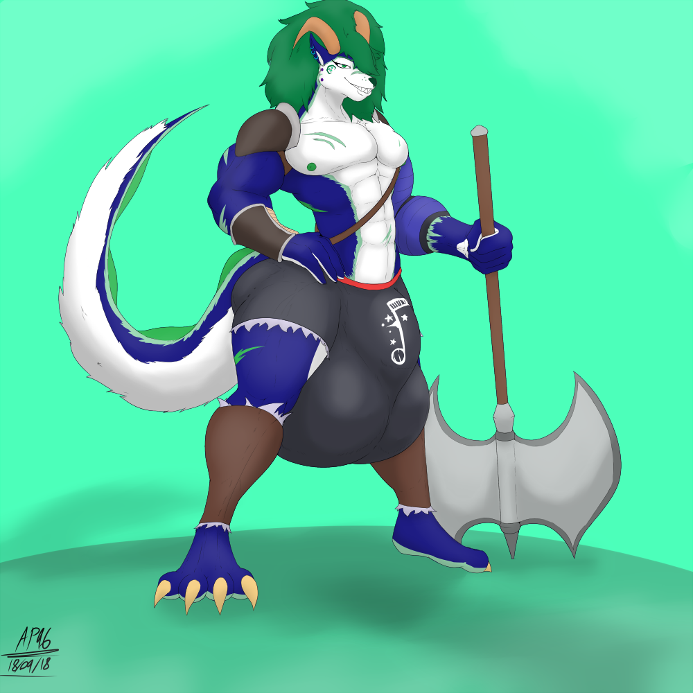 angrypotato96 anthro axe bulge canine clothed clothing dragon hair horn hybrid hyper hyper_bulge male mammal melee_weapon muscular muscular_male pecs scar smile solo standing weapon wide_hips