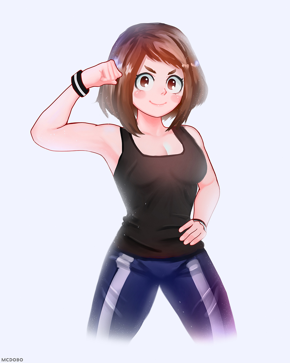 artist_name black_tank_top blush boku_no_hero_academia breasts brown_eyes brown_hair cleavage commentary cropped_legs english_commentary eyebrows flexing hand_on_hip highres mcdobo medium_breasts pants pose short_hair smile solo sweatpants uraraka_ochako white_background