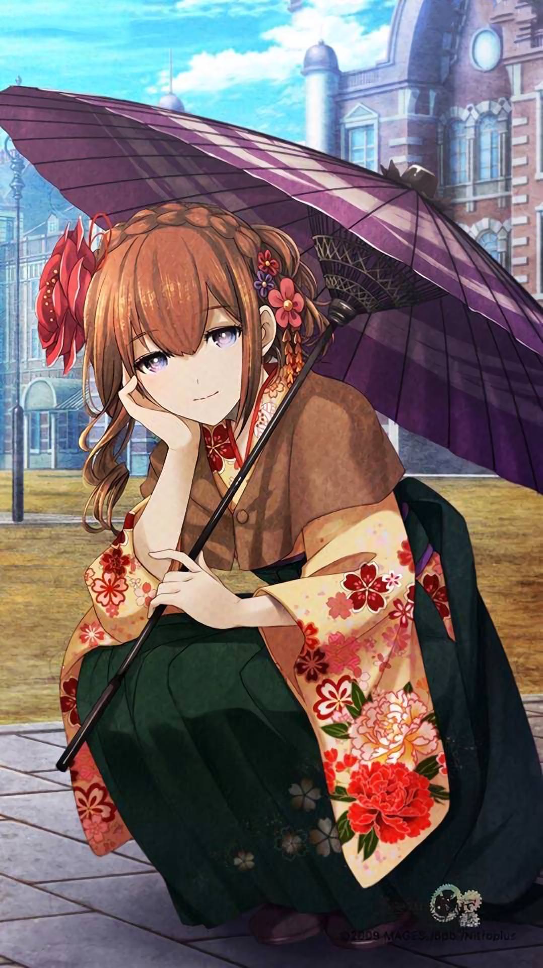 alternate_costume alternate_hairstyle blue_eyes braid building capelet cloud cloudy_sky copyright_name day floral_print flower full_body hair_flower hair_ornament hand_on_own_cheek highres huke japanese_clothes kimono looking_at_viewer makise_kurisu official_art parasol shoes short_hair sky smile solo squatting steins;gate umbrella watermark