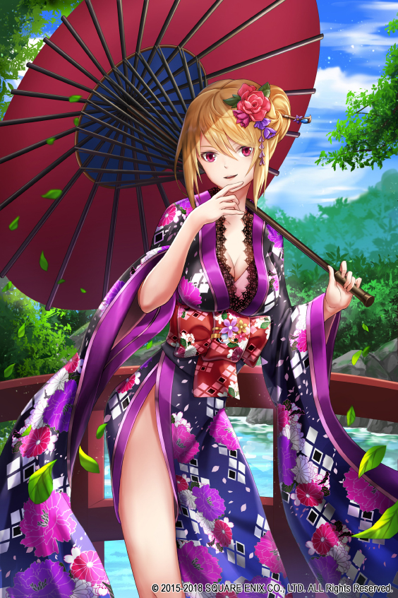 bangs black_kimono blonde_hair blue_sky bow breasts cleavage cloud cloudy_sky copyright_request day eyebrows_visible_through_hair floral_print flower gradient_kimono hair_between_eyes hair_bun hair_flower hair_ornament hands_up holding holding_umbrella japanese_clothes kimono large_breasts leaf long_sleeves lunacle official_art oriental_umbrella outdoors parted_lips print_kimono purple_flower purple_kimono red_bow red_eyes red_flower red_rose red_umbrella river rose sky smile solo standing umbrella water watermark wide_sleeves