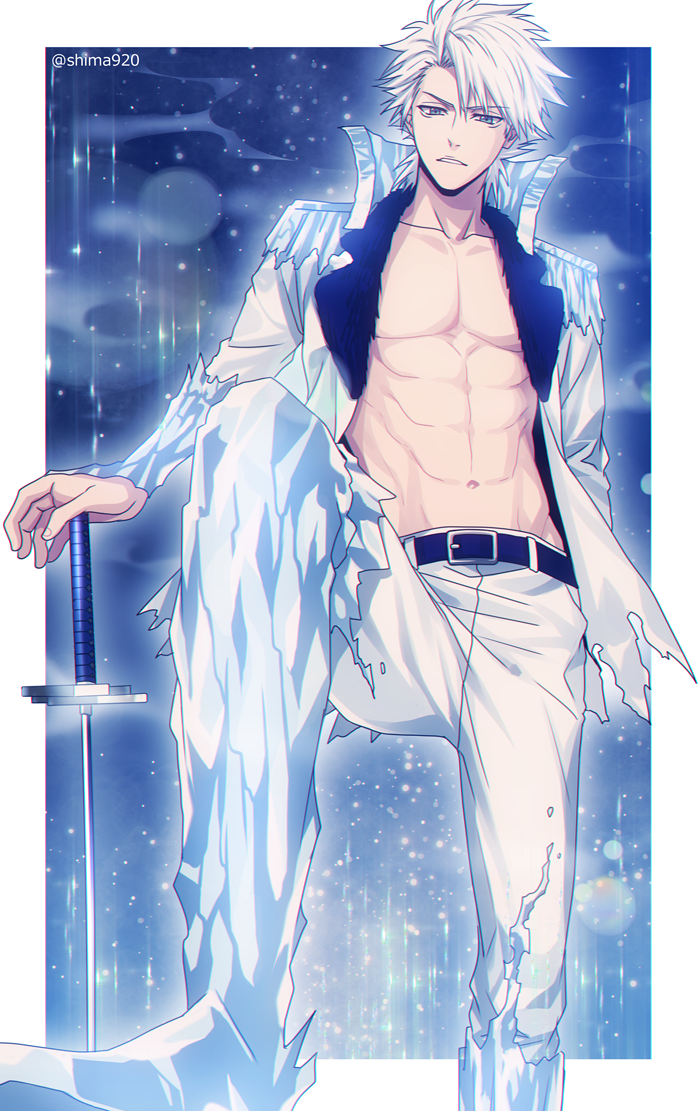 abs arm_at_side belt bleach blue_background blue_eyes hitsugaya_toushirou ice jacket long_sleeves looking_at_viewer male_focus mashima_shima navel open_clothes pants planted_weapon short_hair solo standing sword torn_clothes twitter_username weapon white_hair white_jacket white_pants