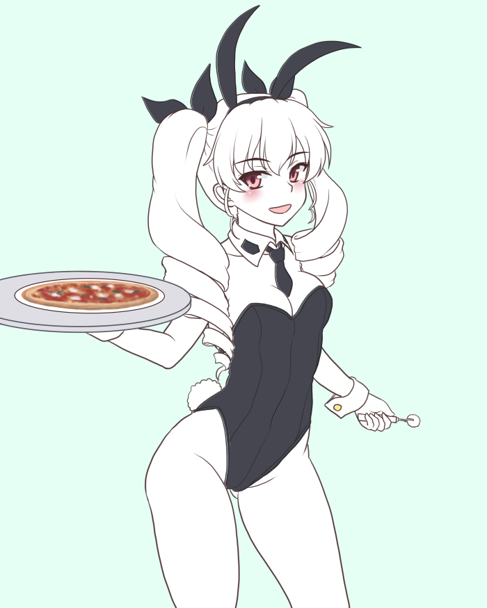 1girl anchovy animal_ears artist_request black_ribbon blush breasts bunny_ears bunny_girl bunny_tail bunnysuit drill_hair eyebrows_visible_through_hair fake_animal_ears female food girls_und_panzer green_hair hair_ribbon leotard long_hair looking_at_viewer medium_breasts open_mouth pizza red_eyes ribbon shiny smile solo standing tail twin_drills twintails