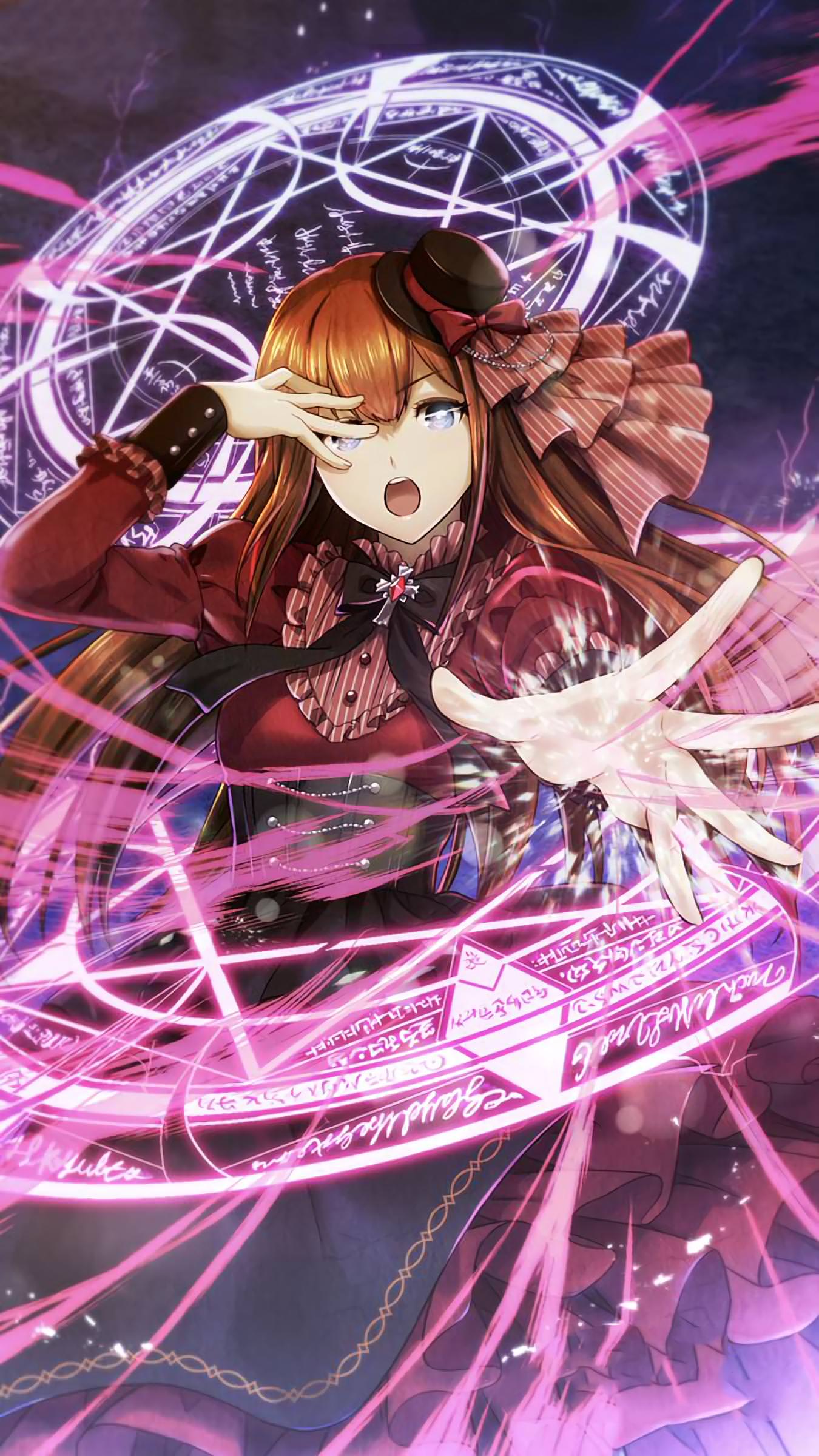 absurdres alternate_costume blue_eyes bow bowtie brown_hair corset cowboy_shot dress frilled_dress frills hand_over_eye hat highres huke long_hair long_sleeves looking_at_viewer magic_circle makise_kurisu mini_hat official_art open_mouth outstretched_hand puffy_long_sleeves puffy_sleeves red_dress solo steins;gate straight_hair