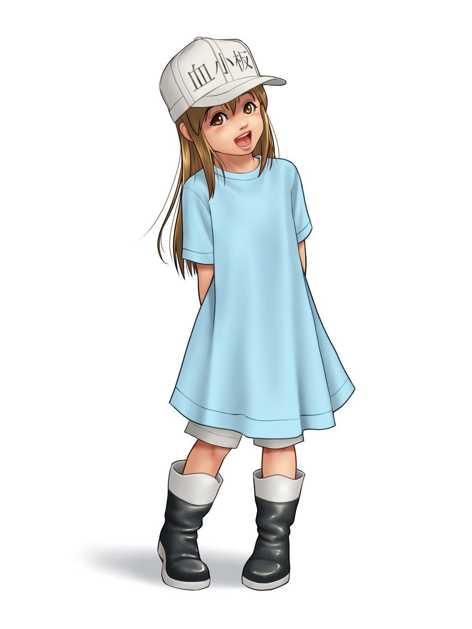 arms_behind_back boots brown_eyes brown_hair child commentary_request hat hataraku_saibou highres irotsuya lips long_hair looking_at_viewer open_mouth pigeon-toed platelet_(hataraku_saibou) simple_background smile solo white_background