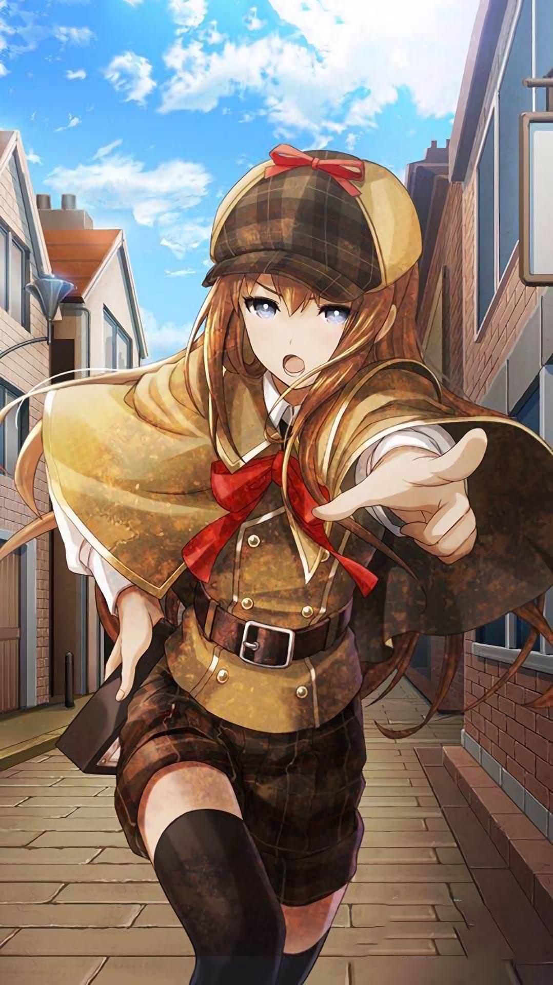 alternate_costume belt black_legwear blue_eyes brown_hair capelet cloud cloudy_sky collared_shirt cosplay cowboy_shot day deerstalker hand_on_hip hat highres house huke long_hair makise_kurisu neck_ribbon official_art open_mouth plaid plaid_shorts pointing pointing_at_viewer ribbon sherlock_holmes sherlock_holmes_(cosplay) shirt short_shorts shorts sky solo steins;gate thighhighs vest