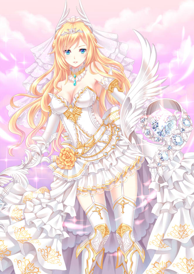 astraea_(aura_kingdom) aura_kingdom bangs bare_shoulders blonde_hair blue_eyes blush boots breasts bride cloud cloudy_sky commentary dress elbow_gloves english_commentary flower garter_straps gem glint gloves head_wings knee_boots long_hair looking_at_viewer medium_breasts outdoors parted_lips pleated_dress rose sky solo sparkle strapless strapless_dress thighhighs v-shaped_eyebrows very_long_hair villyane white_dress white_footwear white_gloves white_legwear white_wings wings yellow_flower yellow_rose