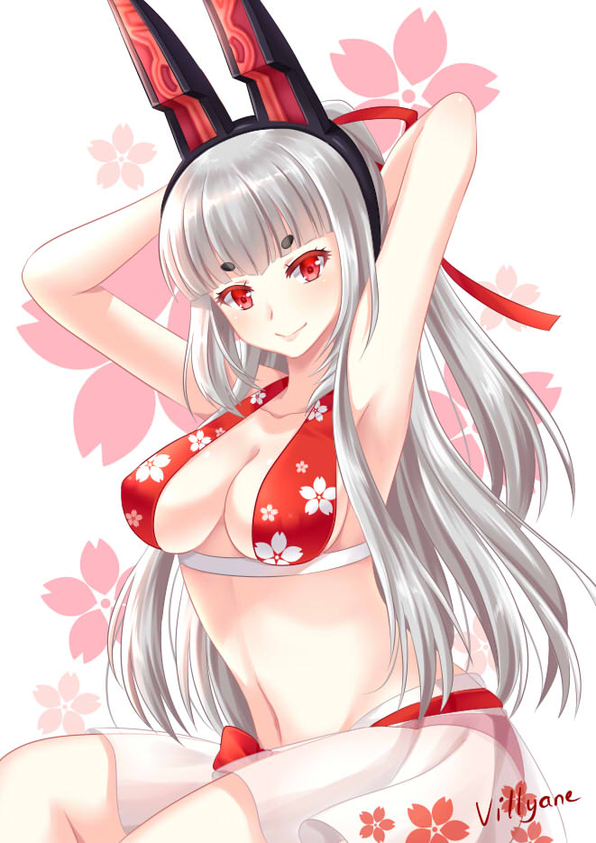 animal_ears armpits arms_up artist_name aura_kingdom bangs bare_arms bare_shoulders bikini black_hairband blunt_bangs breasts cleavage closed_mouth collarbone eyebrows_visible_through_hair fake_animal_ears floral_background floral_print fox_ears hair_ribbon hairband head_tilt kotonoha_(aura_kingdom) large_breasts long_hair navel ponytail print_bikini red_bikini red_ribbon ribbon see-through short_eyebrows signature silver_hair simple_background sitting smile solo swimsuit thick_eyebrows very_long_hair villyane white_background