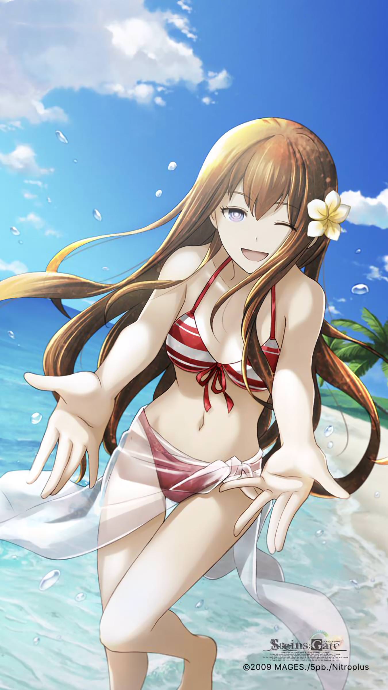 absurdres alternate_costume beach bikini breasts brown_hair cleavage cloud cloudy_sky copyright_name cowboy_shot day droplet dutch_angle flower hair_flower hair_ornament highres huke long_hair looking_at_viewer makise_kurisu navel ocean official_art one_eye_closed open_mouth outstretched_hand palm_tree red_bikini sarong see-through sky small_breasts smile solo standing steins;gate straight_hair striped_bikini_top swimsuit tree watermark
