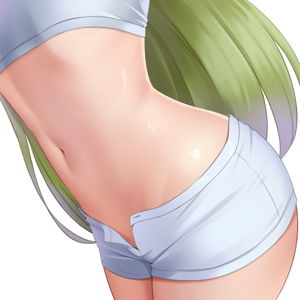 bike_shorts c.c. close-up code_geass commentary_request crop_top green_hair head_out_of_frame huyumitsu long_hair midriff navel shiny shiny_skin shorts simple_background skindentation solo stomach thighs unbuttoned white_background white_bike_shorts white_shorts