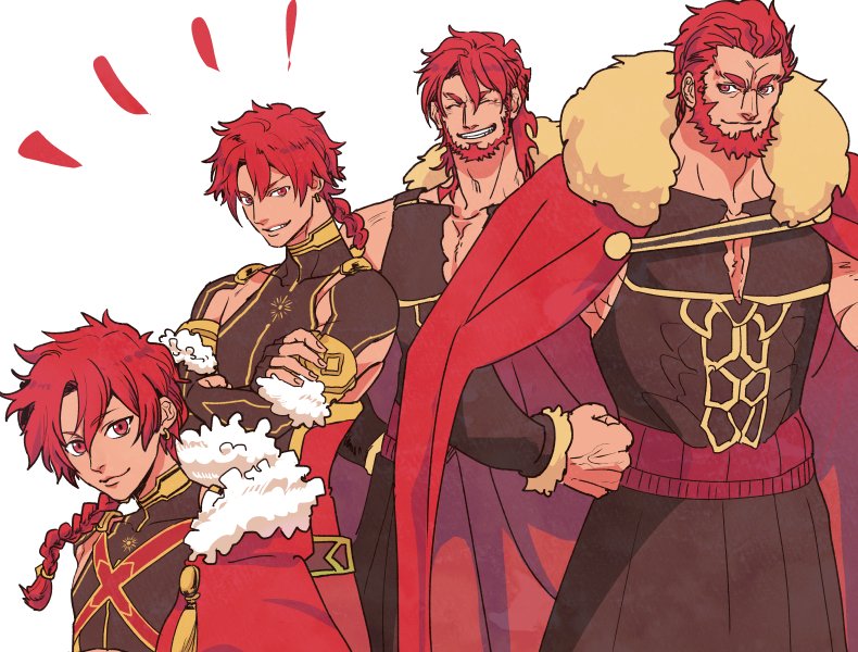 age_progression alexander_(fate/grand_order) braid cape cowboy_shot crossed_arms fate/grand_order fate/zero fate_(series) fur_trim grin hands_on_hips long_hair male_focus muscle natsu_yasai ponytail red_cape red_eyes red_hair rider_(fate/zero) simple_background single_braid smile white_background