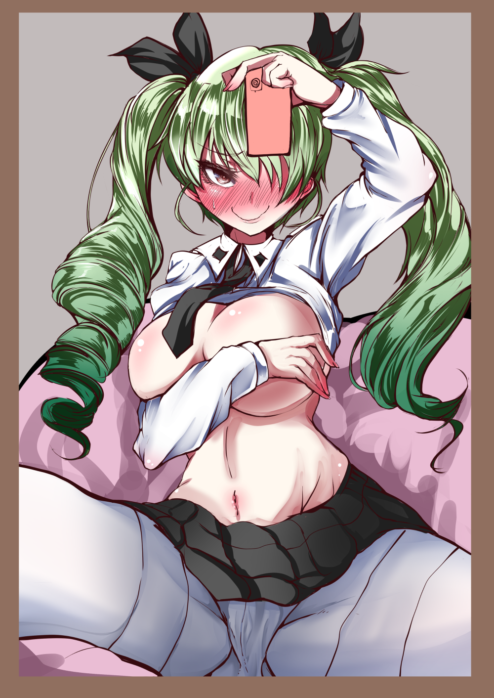 1girl anchovy artist_request black_ribbon blush breasts cleavage covering covering_breasts curvy drill_hair eyebrows_visible_through_hair female full-face_blush girls_und_panzer green_hair hair_ribbon large_breasts long_hair looking_at_viewer naughty_face partially_visible_vulva red_eyes ribbon school_uniform shiny shirt shirt_lift sitting smile solo twin_drills twintails