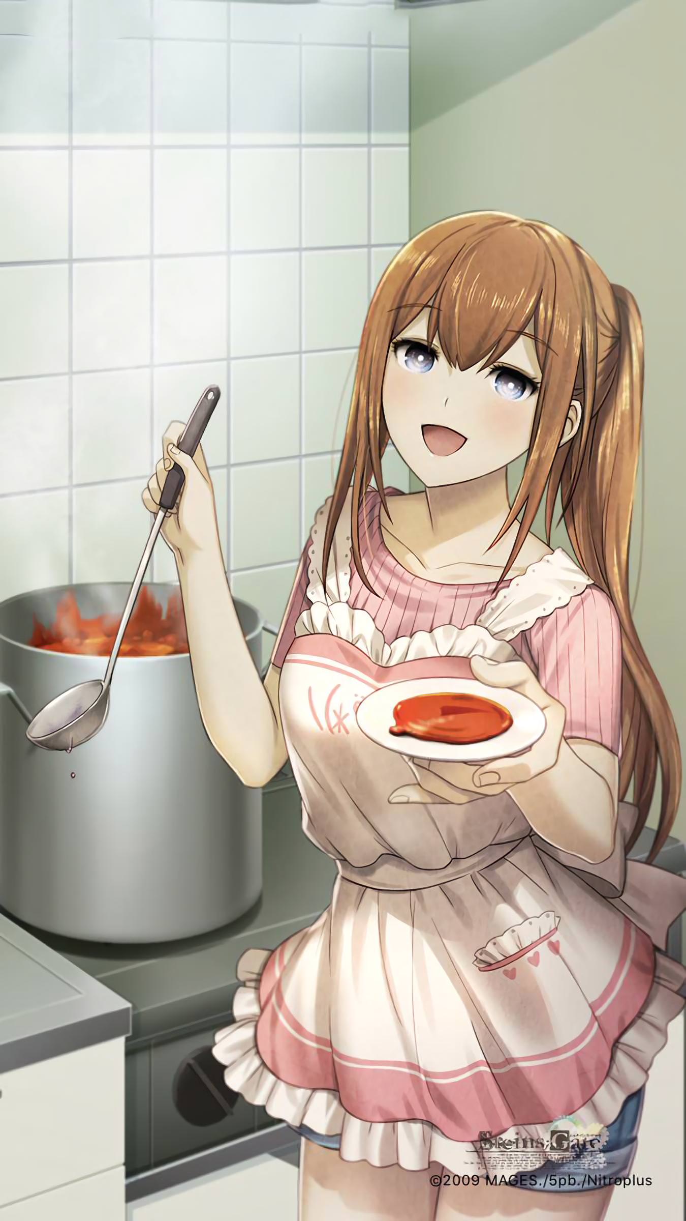 absurdres apron blue_eyes breasts brown_hair collarbone cooking copyright_name cowboy_shot highres huke kitchen ladle long_hair looking_at_viewer makise_kurisu medium_breasts official_art open_mouth ponytail pot ribbed_sweater saucer short_shorts short_sleeves shorts smile solo soup_ladle standing steins;gate sweater watermark