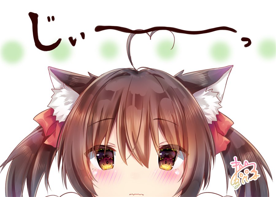 ahoge animal_ear_fluff animal_ears bangs blush bow brown_eyes brown_hair cat_ears closed_mouth copyright_request eyebrows_visible_through_hair fang fang_out hair_between_eyes hair_bow heart_ahoge looking_at_viewer maruma_(maruma_gic) red_bow sidelocks signature solo staring twintails wavy_mouth