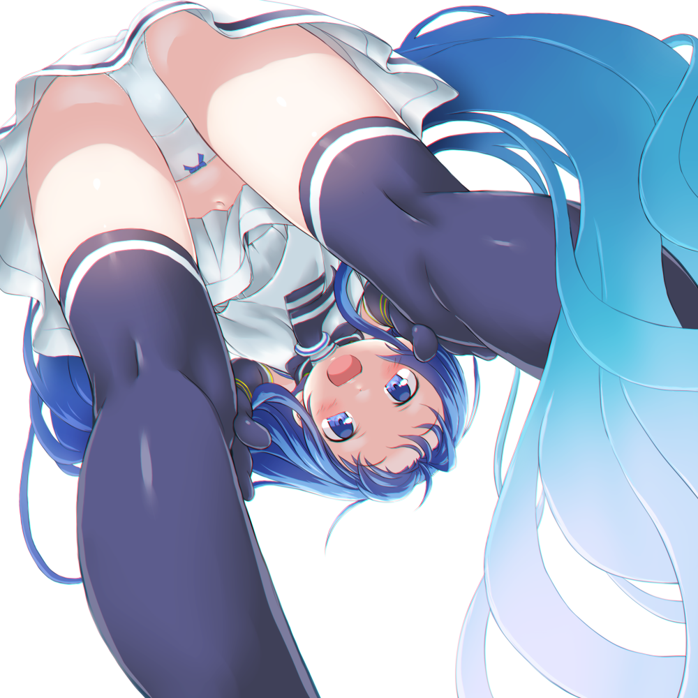 :d ass bangs bent_over blue_eyes blue_gloves blue_hair blue_legwear blush bow bow_panties chromatic_aberration crotch_seam dd_(ijigendd) elbow_gloves from_below gloves gradient_hair kantai_collection light_blue_hair long_hair looking_at_viewer looking_down multicolored_hair navel neckerchief open_mouth panties sailor_collar samidare_(kantai_collection) school_uniform serafuku shirt simple_background single_horizontal_stripe skirt sleeveless sleeveless_shirt smile solo stomach swept_bangs thighhighs thighs underwear upskirt very_long_hair view_between_legs white_background white_panties