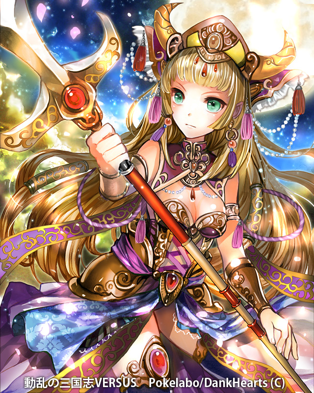 armlet bangs blonde_hair blue_legwear blue_sky breasts cleavage cleavage_cutout closed_mouth contrapposto copyright_name cowboy_shot douran_no_sangokushi_versus earrings floating_hair gem green_eyes hair_tubes holding holding_weapon horns jewelry long_hair medium_breasts moon official_art outdoors pearl petals rioka_(southern_blue_sky) serious sky solo standing tassel thighhighs very_long_hair weapon