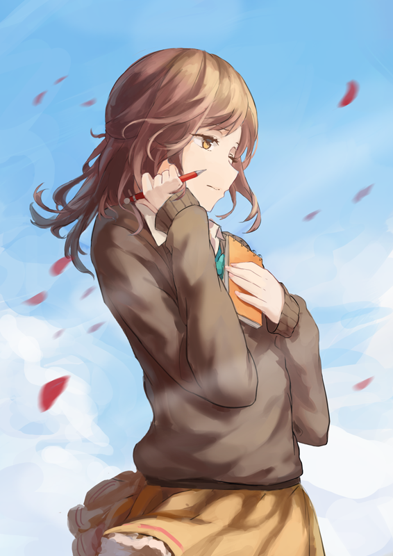 blue_sky brown_eyes brown_hair brown_sweater day floating_hair frilled_skirt frills from_side fujimiya_kaori holding holding_notebook holding_pencil isshuukan_friends long_hair miniskirt notebook outdoors pencil petals shuang_ye skirt sky solo standing sweater wind yellow_skirt