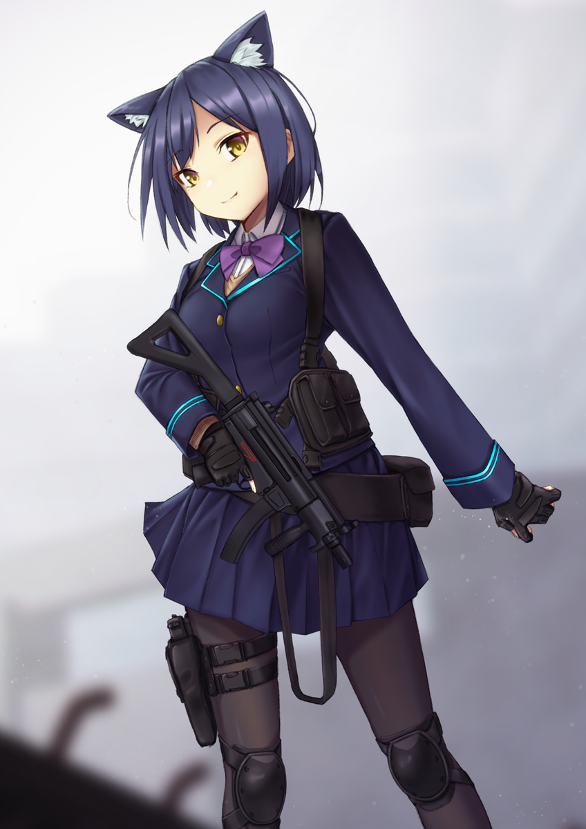 animal_ears belt_pouch black_gloves black_legwear blazer blue_hair blue_shirt blue_skirt blurry bob_cut bow bowtie breasts cardigan cat_ears closed_mouth collared_shirt depth_of_field dress_shirt fingerless_gloves gloves gun h&amp;k_mp5k heckler_&amp;_koch highres holster jacket knee_pads long_sleeves looking_at_viewer meda miniskirt nijisanji pantyhose pleated_skirt pouch purple_neckwear school_uniform shirt shizuka_rin short_hair simple_background skirt small_breasts smile solo submachine_gun thigh_holster thigh_strap trigger_discipline virtual_youtuber weapon yellow_eyes