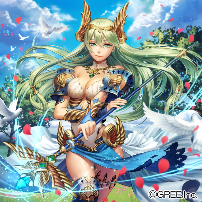 bird blue_sky breasts cleavage cloud day dove esukee green_eyes head_wings holding holding_wand kaizoku_ookoku_koronbusu long_hair looking_at_viewer official_art outdoors sky solo standing tree wand watermark
