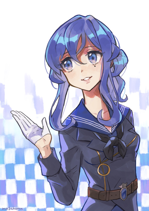belt blue_hair blue_sailor_collar checkered checkered_background commentary_request gloves gotland_(kantai_collection) hair_bun half_gloves kantai_collection long_hair looking_to_the_side military military_uniform mogamiya_honu mole mole_under_eye parted_lips sailor_collar solo uniform upper_body white_gloves