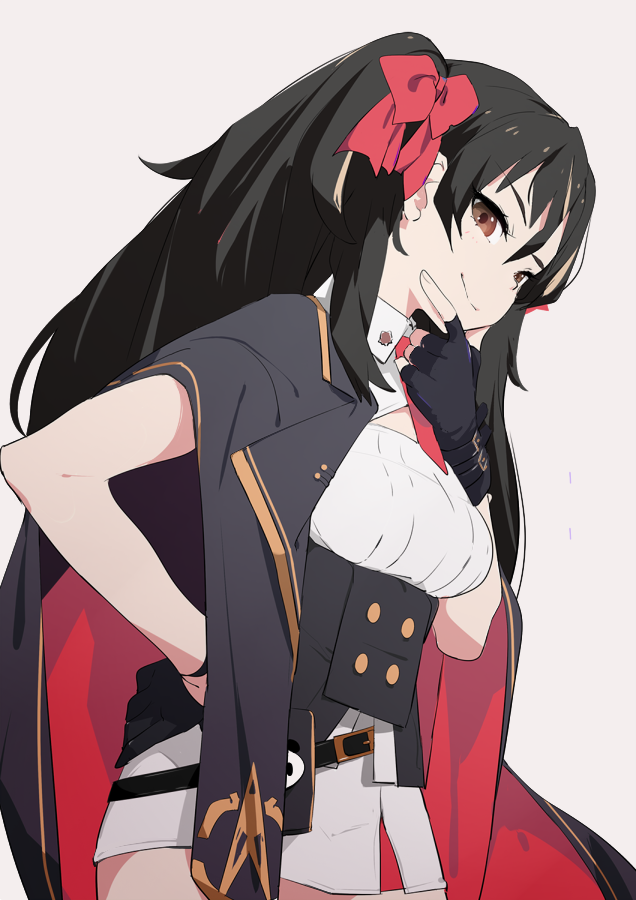 bangs belt black_gloves black_hair breasts brown_eyes brown_hair cape commentary_request corset double-breasted eyebrows_visible_through_hair fingerless_gloves girls_frontline gloves hair_between_eyes hair_ribbon hand_on_hip hand_on_own_chin long_hair looking_at_viewer necktie pink_background pleated_skirt qbz-97_(girls_frontline) red_ribbon ribbon shirt simple_background skirt sleeveless sleeveless_shirt smile sohin solo thighhighs twintails underbust very_long_hair white_legwear white_shirt white_skirt
