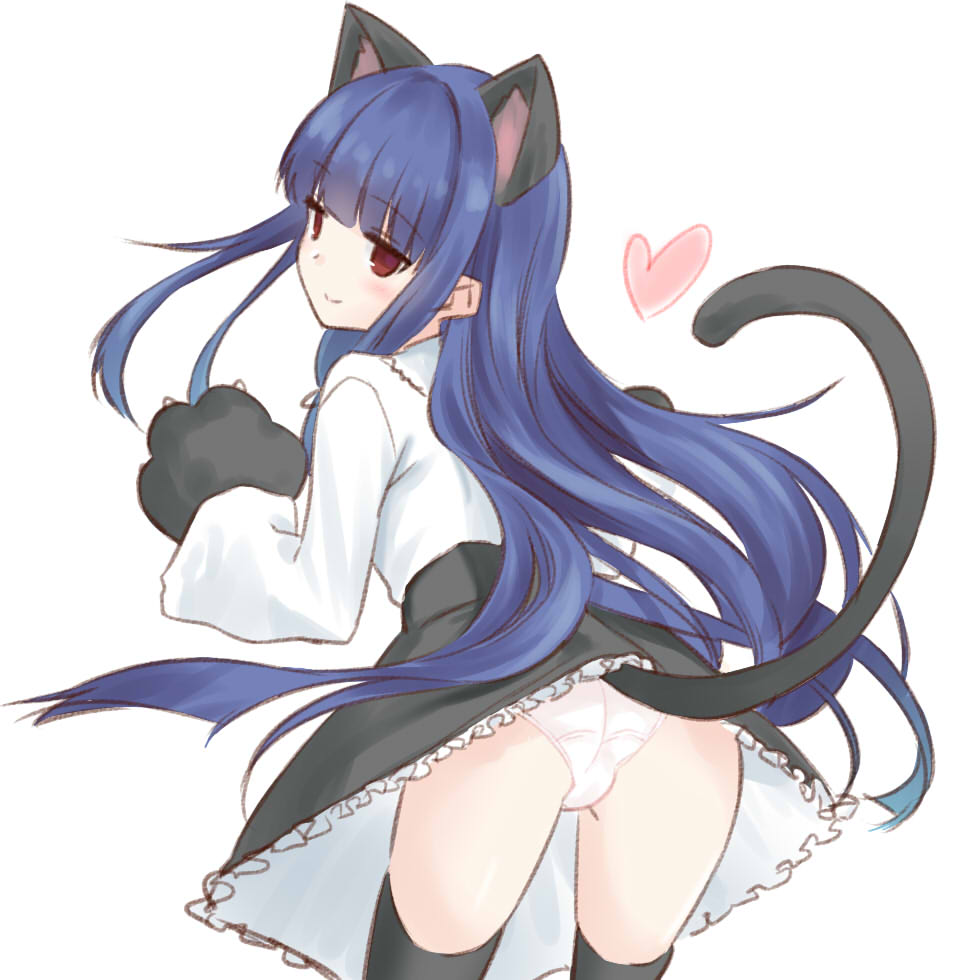 animal_ears ass black_legwear black_skirt cat_ears cat_girl cat_tail commentary_request from_behind gloves heart idolmaster idolmaster_cinderella_girls leaning_forward long_hair looking_back miniskirt panties paw_gloves paws purple_hair red_eyes sajou_yukimi shirt simple_background skirt skirt_lift smile solo tail thighhighs underwear white_background white_panties white_shirt yamaguchi_(shinigami-no-barad)
