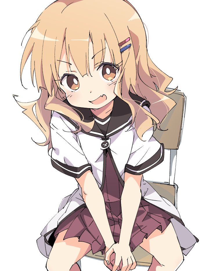 blonde_hair brown_eyes dress eyebrows_visible_through_hair fang from_above hair_ornament hairclip hands_together ixy long_hair looking_at_viewer nanamori_school_uniform on_chair oomuro_sakurako open_mouth pink_dress pleated_dress school_uniform serafuku short_sleeves simple_background sitting solo spread_legs v-shaped_eyebrows v_arms white_background yuru_yuri