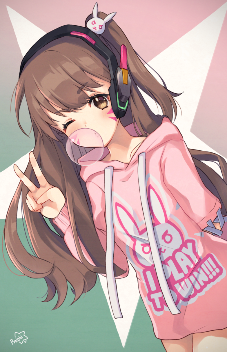 animal_print bangs blush brown_eyes brown_hair bubble_blowing bunny_hair_ornament bunny_print chewing_gum d.va_(overwatch) drawstring dutch_angle eyebrows_visible_through_hair facial_mark hair_ornament headphones highres hood hood_down long_hair looking_at_viewer one_eye_closed one_side_up overwatch peachy_michi solo standing swept_bangs v whisker_markings