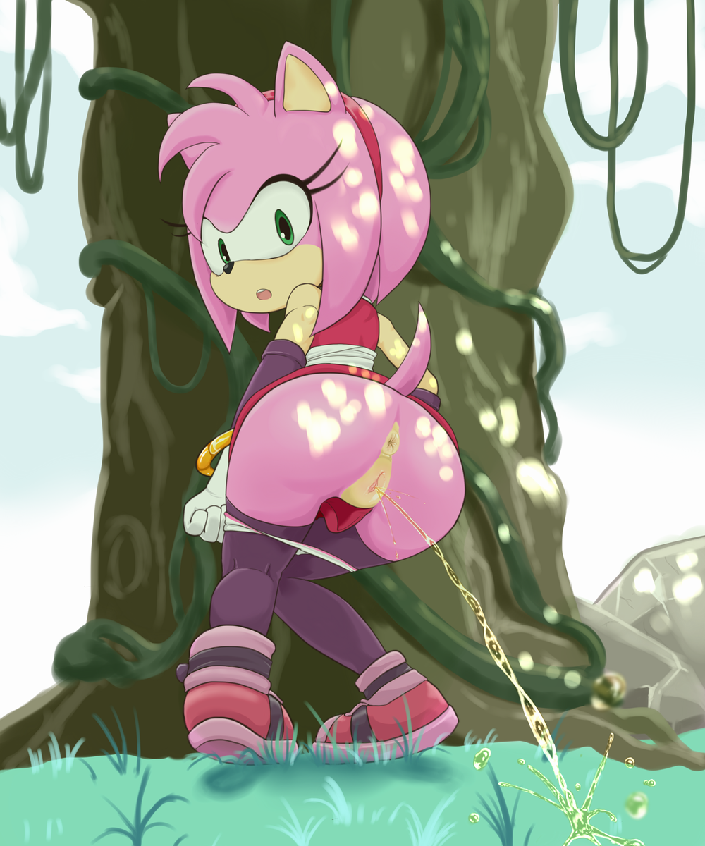 amy_rose bracelet butt clitoris clothing cloud dress female footwear gloves grass green_eyes hairband hi_res jewelry legwear looking_back looking_down open_mouth outside panties panty_pull peeing pussy rear_view rock sake_(pixiv) shade shoes sky solo sonic_(series) standing teeth thigh_highs tree uncensored underwear urine vines