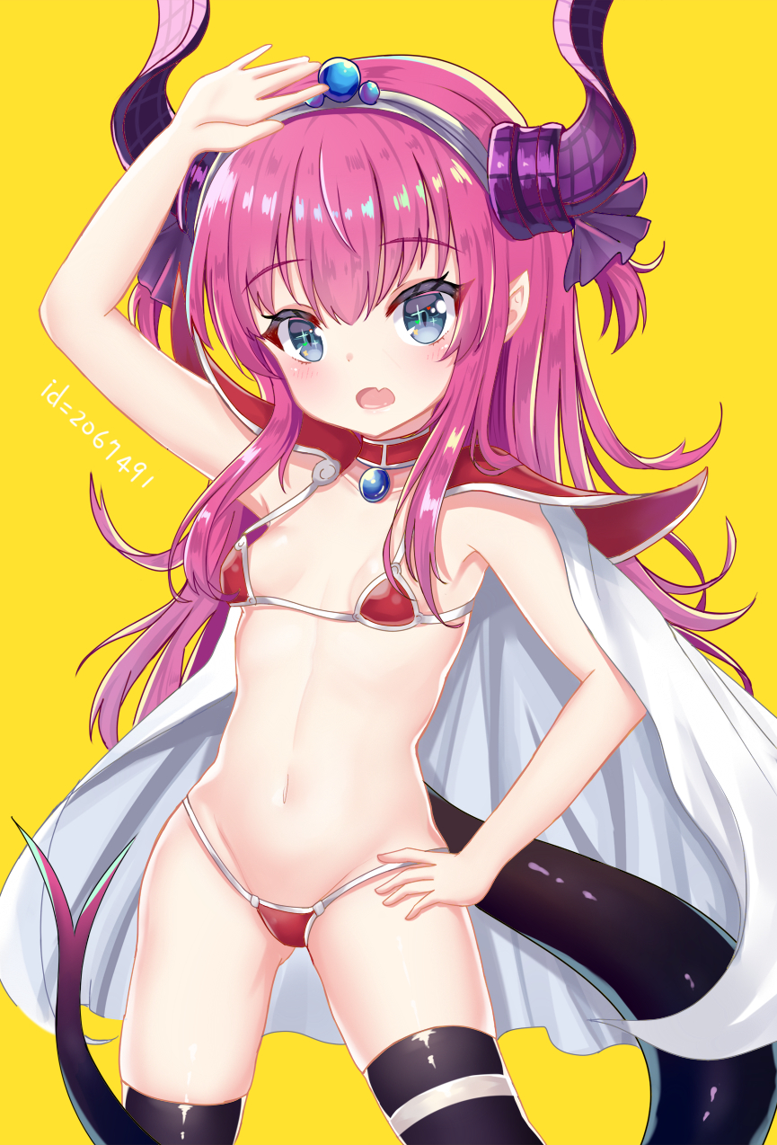 arm_up armor bangs bare_arms bikini_armor black_legwear blue_eyes blush breasts cape choker collarbone commentary_request curled_horns dragon_girl dragon_horns dragon_tail elizabeth_bathory_(brave)_(fate) elizabeth_bathory_(fate)_(all) eyebrows_visible_through_hair fang fate/grand_order fate_(series) groin hair_between_eyes hair_ribbon hand_on_hip head_tilt highres horns long_hair looking_at_viewer navel open_mouth oversized_clothes pauldrons pink_hair pixiv_id pointy_ears purple_ribbon red_armor red_choker ribbon satori_(ymoy) simple_background small_breasts solo string_bikini tail thighhighs tiara two_side_up very_long_hair white_cape yellow_background