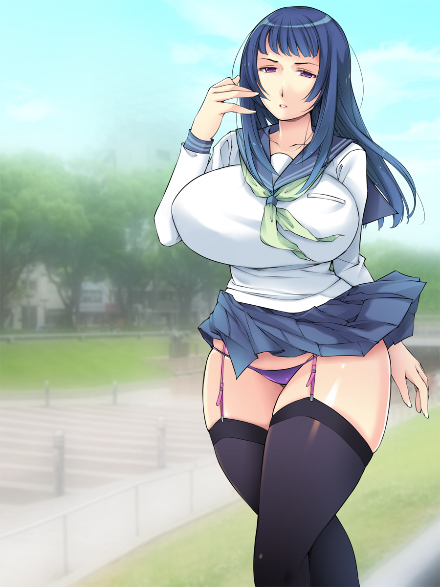 1girl black_legwear blue_hair blurry blurry_background breasts enkou_jk_ni_zettai_nakadashi_suru_man!_toudai_shibou-kei_takabisha_cool_hen floating_hair garter_straps grass groin highres huge_breasts legs legs_together long_hair looking_at_viewer original outdoors panties pantyshot pantyshot_(standing) parted_lips pink_eyes purple_panties sailor_collar school_uniform serafuku skirt skirt_lift sky solo standing thick_thighs thighhighs thighs underwear wind yoko_juusuke