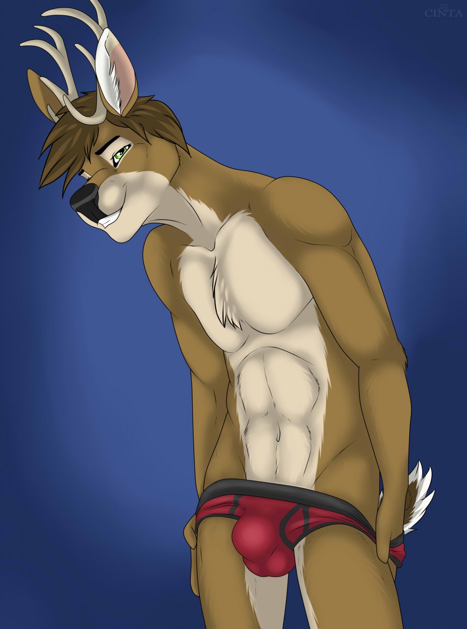 anthro antlers black_nose boxers_(clothing) bulge cam_hartley cervine chest_tuft cinta clothed clothing eyebrows horn looking_at_viewer male mammal partially_clothed smile standing teeth topless tuft underwear white-tailed_deer