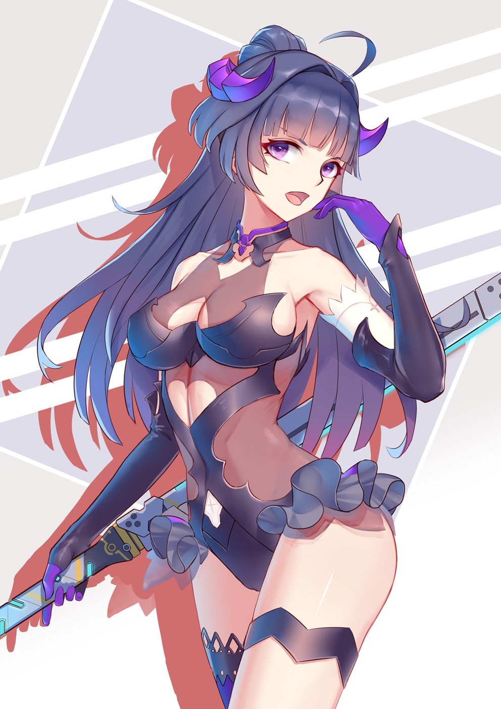 ahoge bangs bare_shoulders benghuai_xueyuan black_gloves black_leotard blunt_bangs breasts collarbone commentary_request cowboy_shot elbow_gloves eyebrows_visible_through_hair frilled_leotard frills gloves hand_up head_tilt highres holding holding_sword holding_weapon honkai_impact horns leotard liu_lan long_hair looking_at_viewer medium_breasts open_mouth ponytail purple_eyes purple_gloves purple_hair raiden_mei see-through single_thighhigh solo standing sword thigh_strap thighhighs two-tone_gloves weapon