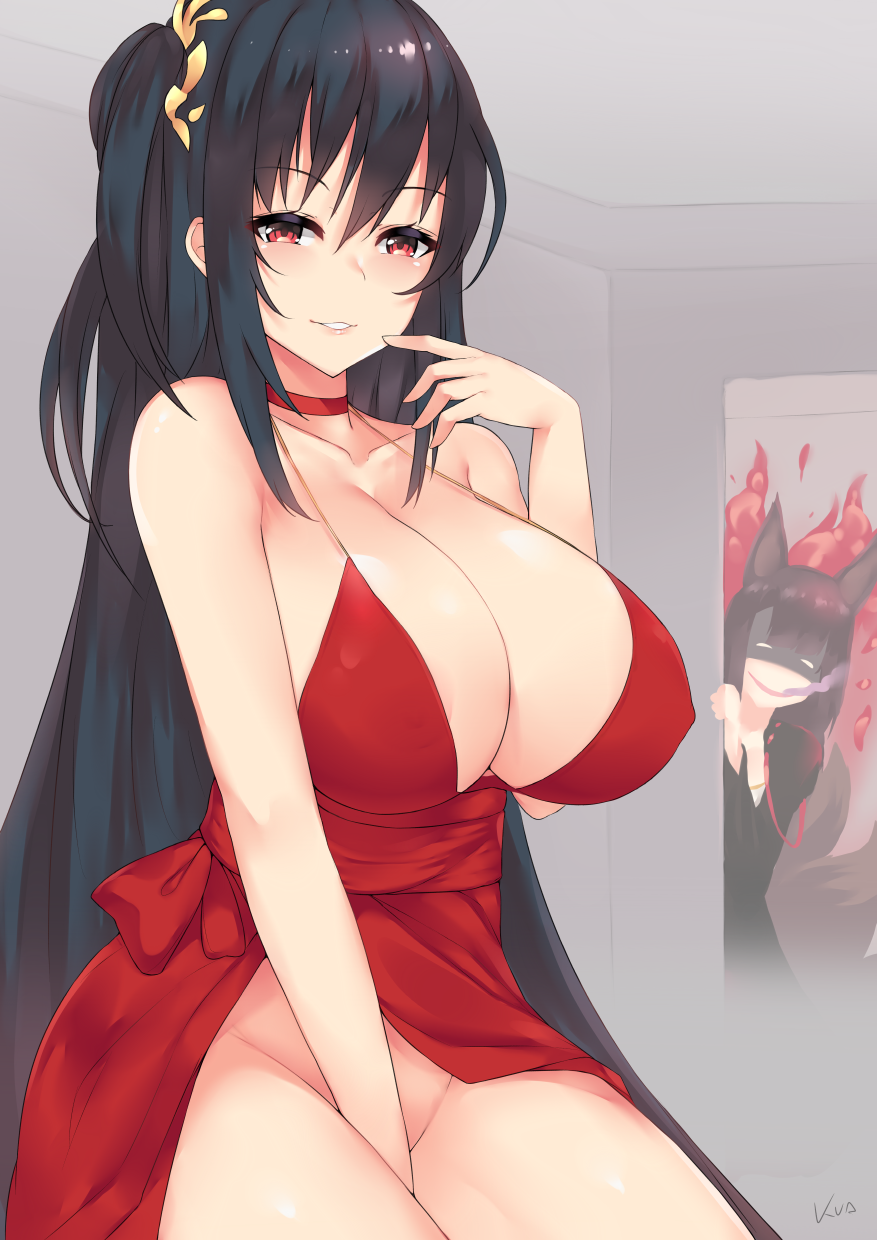 akagi_(azur_lane) animal_ears azur_lane black_hair blush breasts choker cleavage cocktail_dress door dress fox_ears hair_ornament highres huge_breasts kuavera long_hair looking_at_viewer multiple_girls no_panties one_side_up open_mouth parted_lips peeking_out red_choker red_dress red_eyes shaded_face smile taihou_(azur_lane) very_long_hair