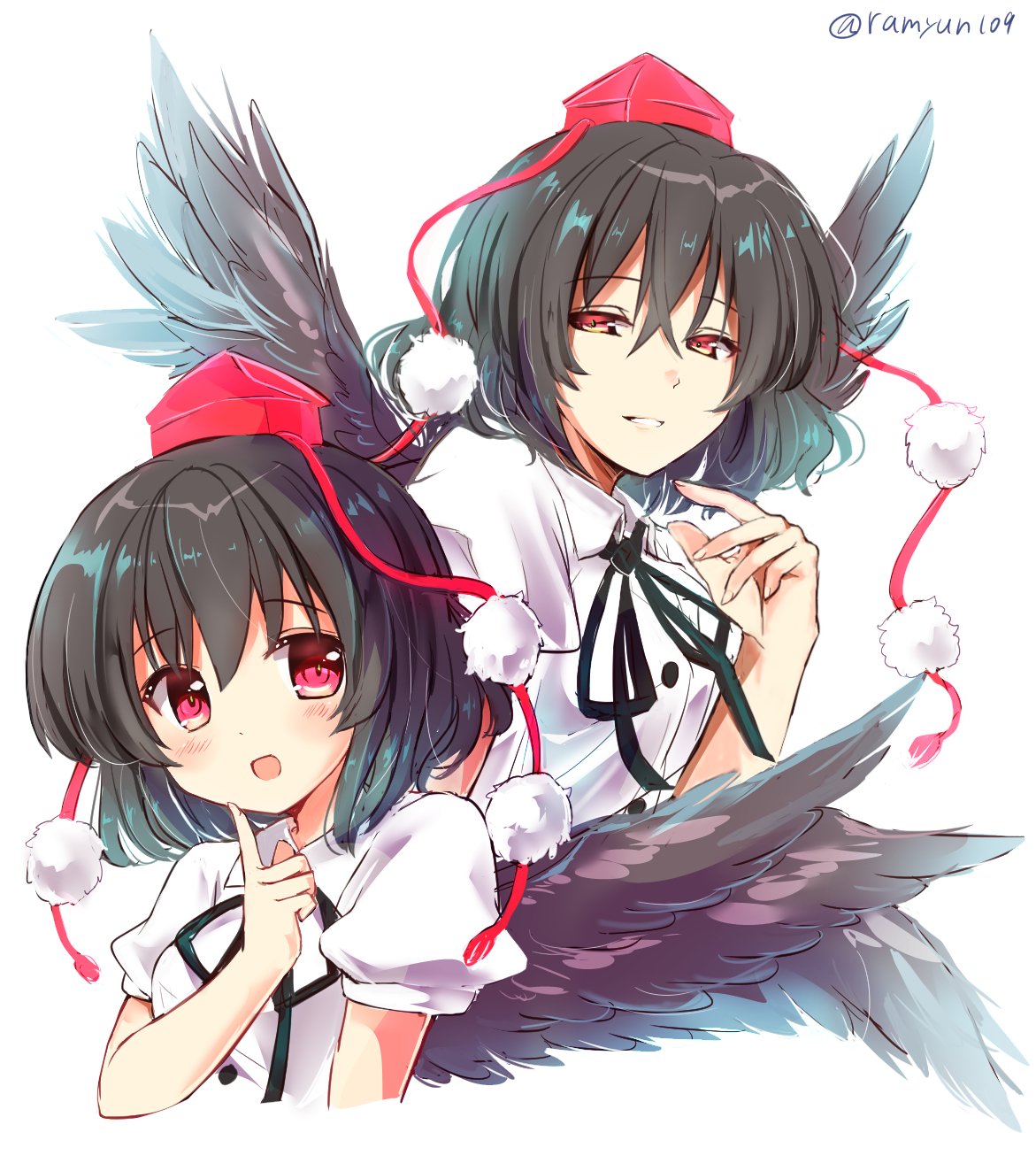 artist_name bangs black_hair black_neckwear black_ribbon black_wings blush breasts commentary_request cropped_torso dual_persona eyebrows_visible_through_hair feathered_wings finger_to_face grin hair_between_eyes half-closed_eyes hand_up hat highres index_finger_raised looking_at_another medium_breasts multiple_girls neck_ribbon open_mouth pom_pom_(clothes) puffy_short_sleeves puffy_sleeves ramudia_(lamyun) red_eyes ribbon shameimaru_aya shirt short_hair short_sleeves simple_background smile tassel tokin_hat touhou twitter_username upper_body white_background white_shirt wing_collar wings