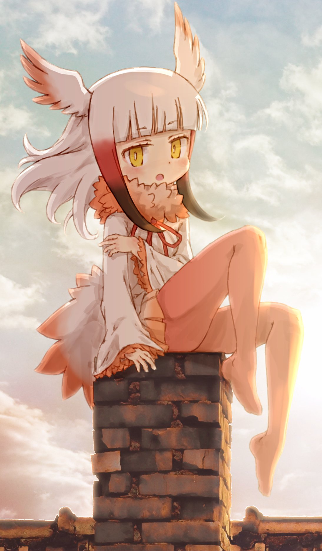 bangs bird_tail bird_wings black_hair blush chimney commentary_request eyebrows_visible_through_hair frilled_sleeves frills fur_collar head_wings highres holding_arm japanese_crested_ibis_(kemono_friends) kemono_friends kolshica long_sleeves multicolored_hair neck_ribbon no_shoes pantyhose red_hair ribbon short_hair sidelocks sitting sleeves_past_wrists solo white_hair wings yellow_eyes