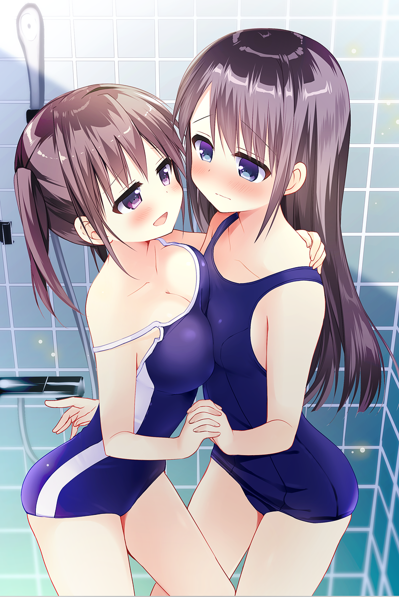 :d asymmetrical_docking bangs bare_shoulders blue_eyes blue_swimsuit blush breast_press breasts brown_hair closed_mouth collarbone commentary_request competition_school_swimsuit eye_contact eyebrows_visible_through_hair fingernails hair_between_eyes hand_on_shoulder highres holding_hands indoors interlocked_fingers long_hair looking_at_another medium_breasts multiple_girls nagayama_yuunon old_school_swimsuit one-piece_swimsuit open_mouth original purple_eyes school_swimsuit shower_head small_breasts smile standing strap_slip swimsuit tile_wall tiles very_long_hair wavy_mouth yuri