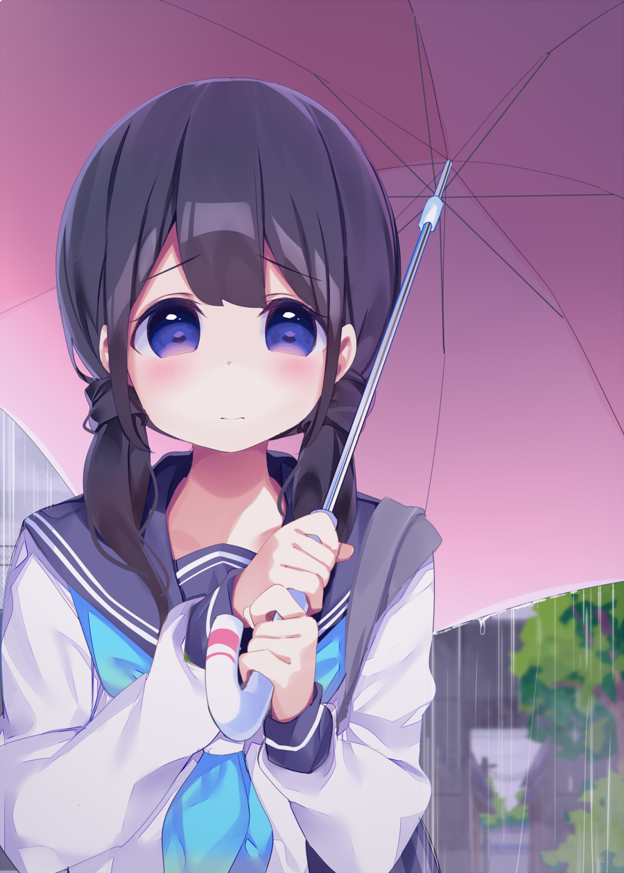 bangs black_sailor_collar blue_neckwear blush brown_hair chikuwa. closed_mouth commentary_request day eyebrows_visible_through_hair hair_between_eyes hands_up highres holding holding_umbrella long_hair long_sleeves looking_at_viewer low_twintails neckerchief original outdoors pink_umbrella purple_eyes rain sailor_collar school_uniform serafuku shirt sleeves_past_wrists solo tree twintails umbrella water white_shirt