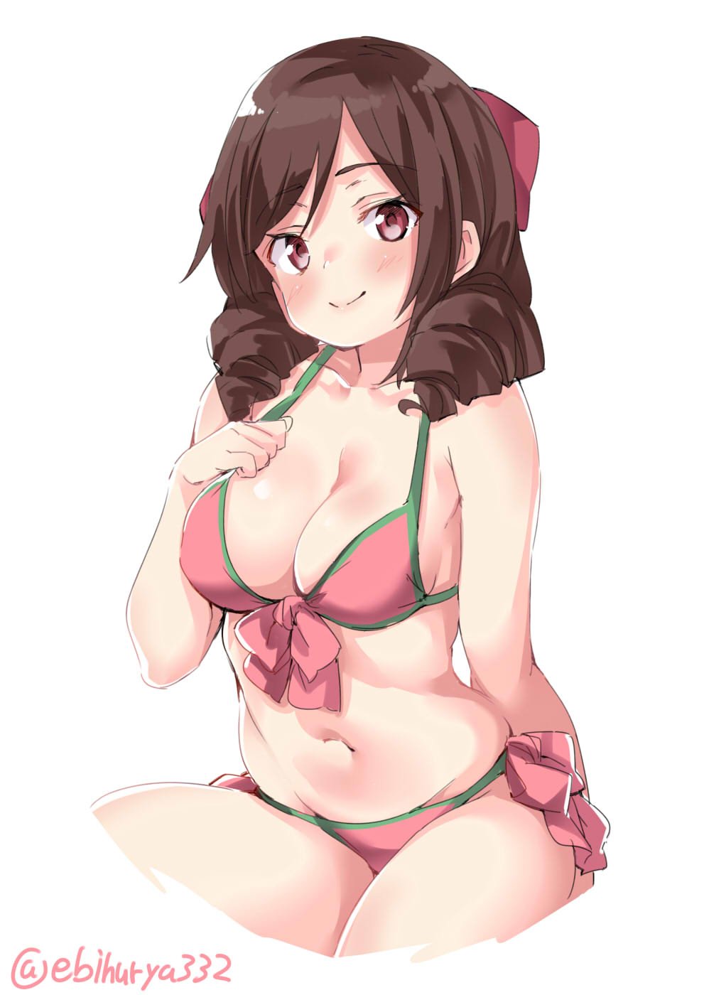 alternate_costume arm_at_side bare_legs bare_shoulders bikini bow breasts brown_hair cleavage collarbone cropped_legs drill_hair ebifurya eyebrows_visible_through_hair front-tie_bikini front-tie_top groin hair_between_eyes hair_bow hand_on_own_chest harukaze_(kantai_collection) highres kantai_collection light_smile long_hair looking_at_viewer medium_breasts navel pink_bikini red_bow red_eyes shiny shiny_skin side-tie_bikini simple_background stomach swimsuit twin_drills twitter_username