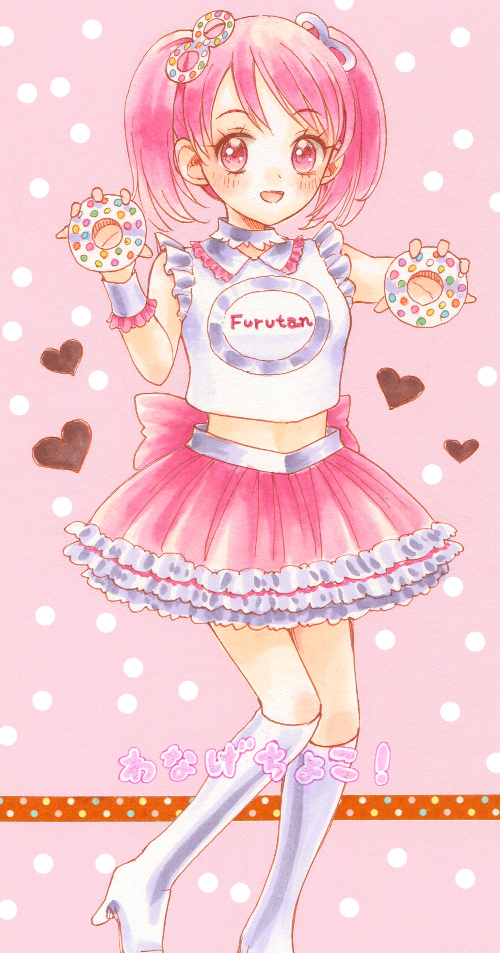 boots candy candy_hair_ornament food food_themed_hair_ornament frilled_skirt frilled_sleeves frills furuta_(company) furutan hair_ornament heart highres looking_at_viewer mascot midriff open_mouth pink_background pink_hair pink_skirt polka_dot polka_dot_background short_sleeves skirt smile solo standing standing_on_one_leg tama_(tmykji3) twintails
